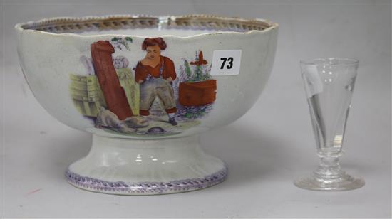 A Staffordshire pottery junket bowl and a firing glass Diam 25cm